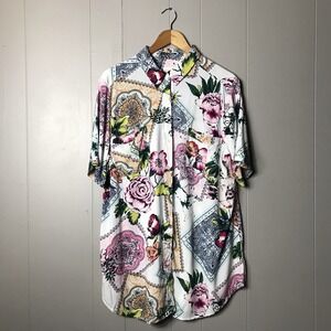 CHICO'S MIX FLORAL PRINT SHORT SLEEVE TUNIC BUTTON DOWN SHIRT WOMENS SIZE 3